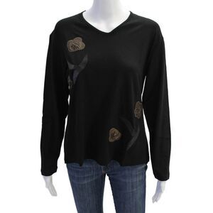 Natto Womens Floral Applique Long Sleeve Stretch Basic Shirt Black Size XL